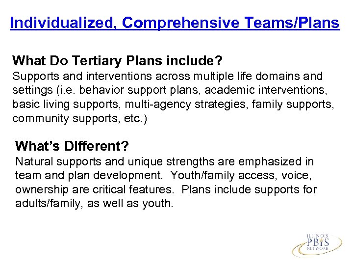 Individualized, Comprehensive Teams/Plans What Do Tertiary Plans include? Supports and interventions across multiple life