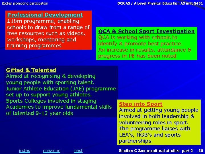 Bodies promoting participation OCR AS / A Level Physical Education AS unit G 451