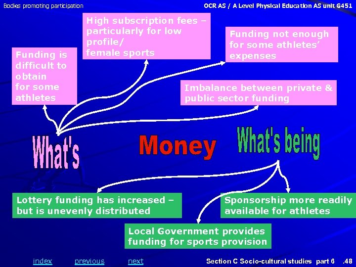 Bodies promoting participation Funding is difficult to obtain for some athletes OCR AS /