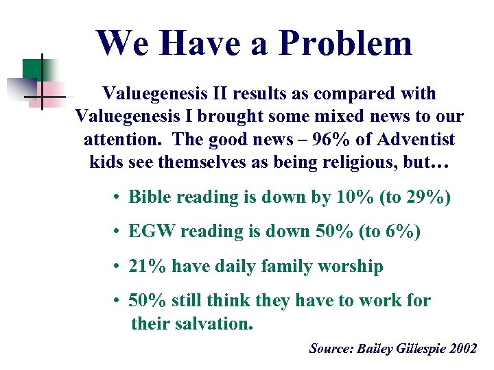 We Have a Problem Valuegenesis II results as compared with Valuegenesis I brought some