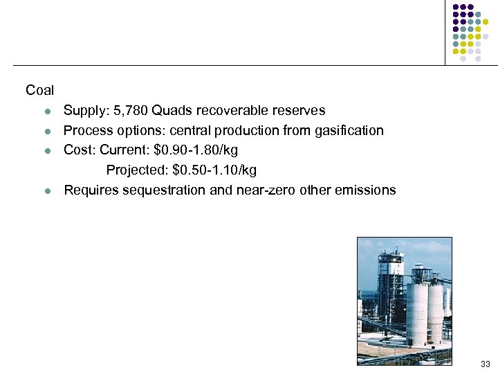 Production Feedstock/Process Options Coal l l Supply: 5, 780 Quads recoverable reserves Process options:
