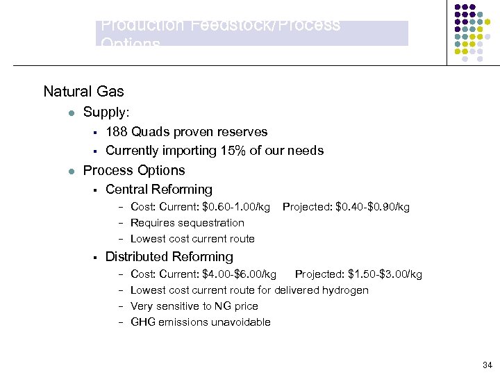 Production Feedstock/Process Options Natural Gas l Supply: § § l 188 Quads proven reserves