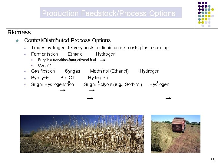 Production Feedstock/Process Options Biomass l Central/Distributed Process Options § § Trades hydrogen delivery costs