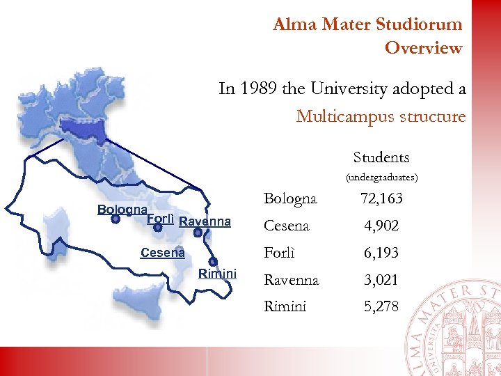 Alma Mater Studiorum Overview In 1989 the University adopted a Multicampus structure Students (undergraduates)