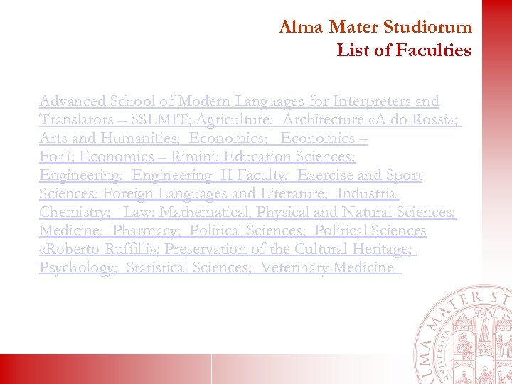 Alma Mater Studiorum List of Faculties Advanced School of Modern Languages for Interpreters and