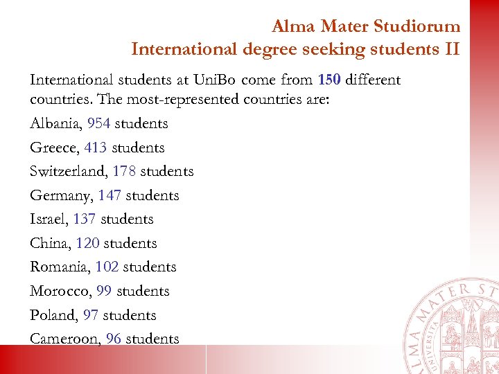 Alma Mater Studiorum International degree seeking students II International students at Uni. Bo come