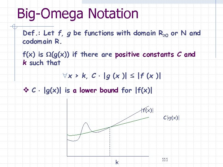 Big-Omega Notation Def. : Let f, g be functions with domain R 0 or