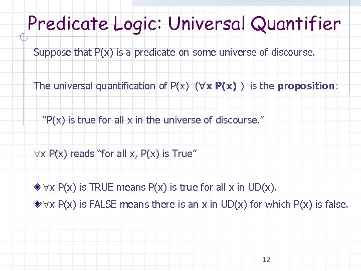 Predicate Logic: Universal Quantifier Suppose that P(x) is a predicate on some universe of