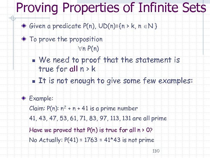 Proving Properties of Infinite Sets Given a predicate P(n), UD(n)={n > k, n N
