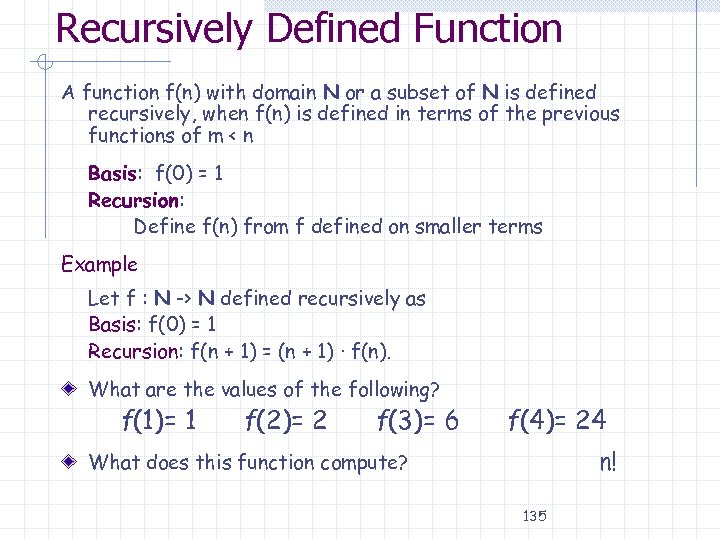 Recursively Defined Function A function f(n) with domain N or a subset of N