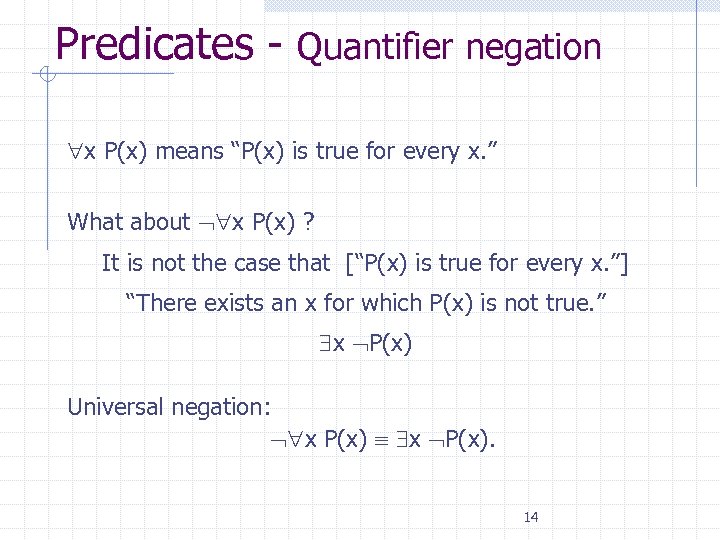 Predicates - Quantifier negation x P(x) means “P(x) is true for every x. ”