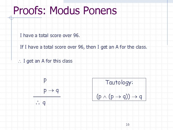Proofs: Modus Ponens • I have a total score over 96. • If I