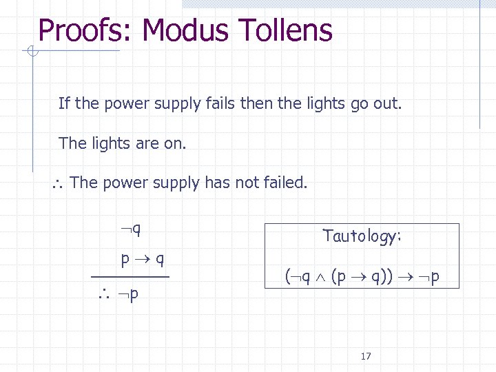 Proofs: Modus Tollens • If the power supply fails then the lights go out.