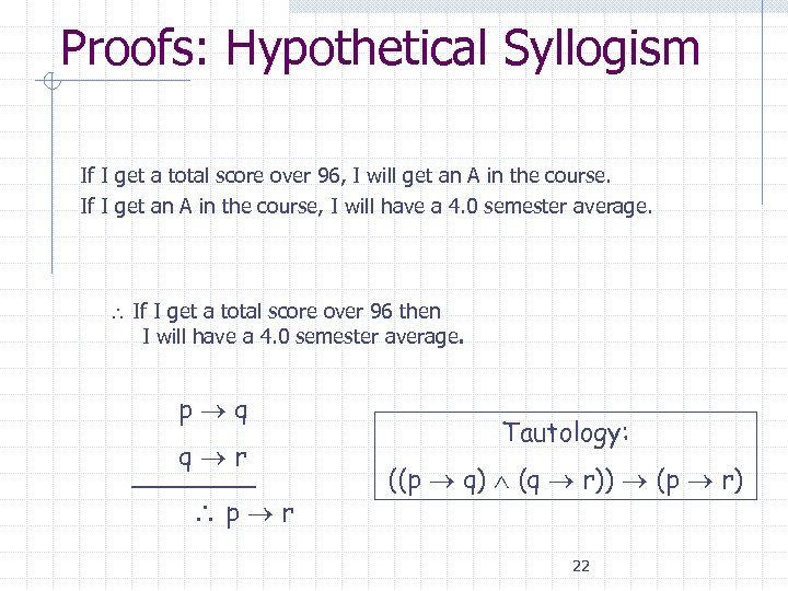 Proofs: Hypothetical Syllogism If I get a total score over 96, I will get