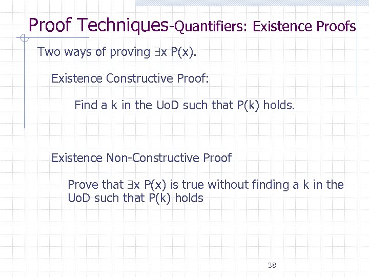 Proof Techniques-Quantifiers: Existence Proofs Two ways of proving x P(x). Existence Constructive Proof: Find