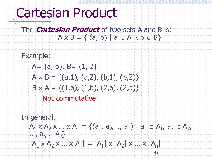 Cartesian Product The Cartesian Product of two sets A and B is: A x