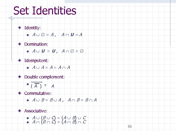 Set Identities Identity: n A = A , A U = A Domination: n