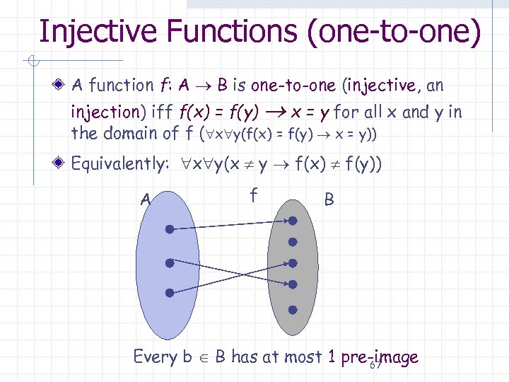 Injective Functions (one-to-one) A function f: A B is one-to-one (injective, an injection) iff