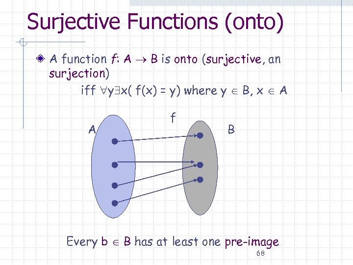 Surjective Functions (onto) A function f: A B is onto (surjective, an surjection) iff
