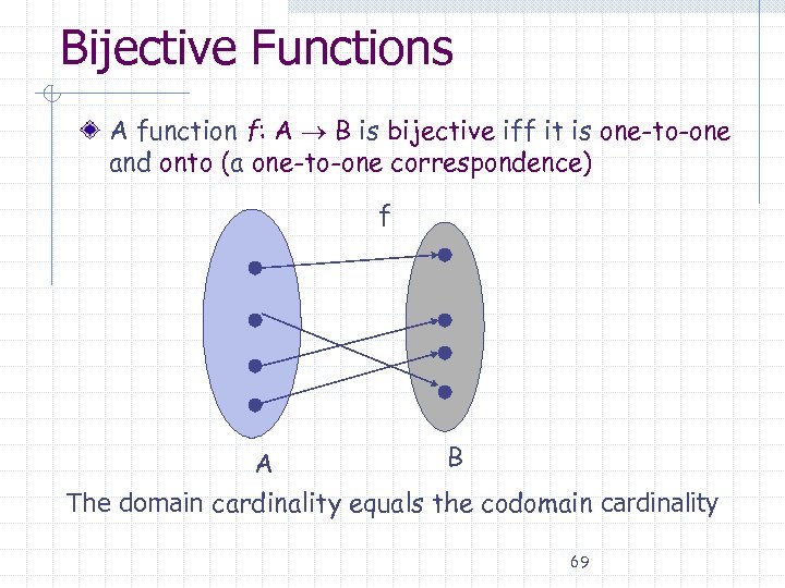 Bijective Functions A function f: A B is bijective iff it is one-to-one and