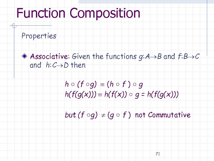 Function Composition Properties Associative: Given the functions g: A B and f: B C