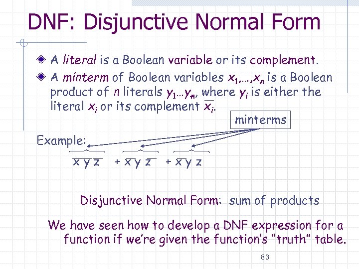 DNF: Disjunctive Normal Form A literal is a Boolean variable or its complement. A