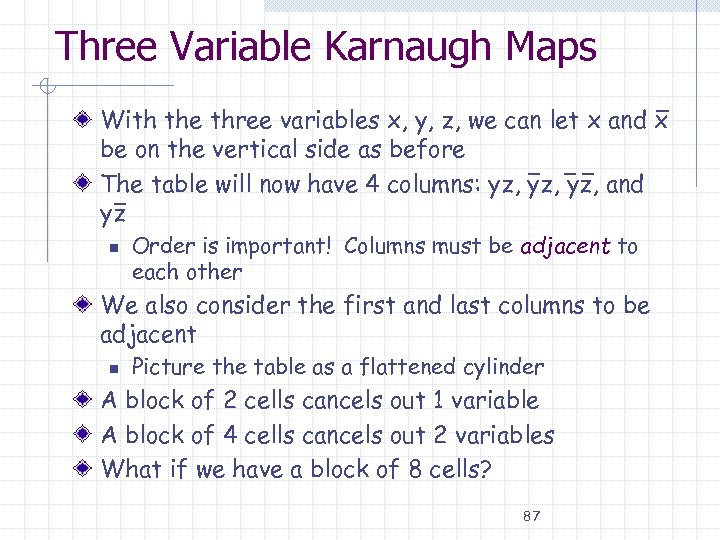 Three Variable Karnaugh Maps With the three variables x, y, z, we can let