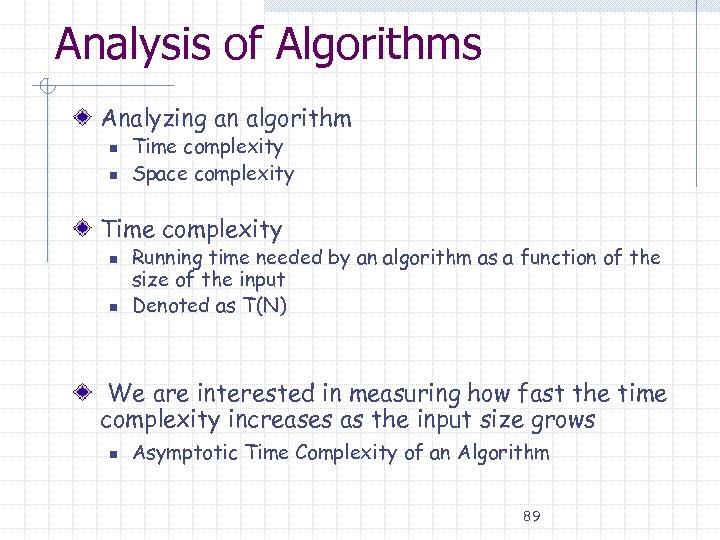 Analysis of Algorithms Analyzing an algorithm n n Time complexity Space complexity Time complexity