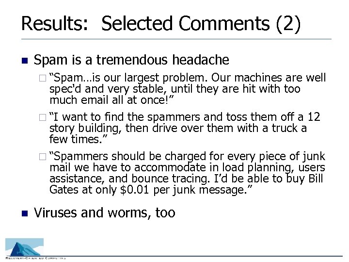 Results: Selected Comments (2) n Spam is a tremendous headache ¨ “Spam…is our largest