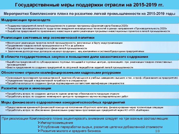 Государственные меры поддержки отрасли на 2015 -2019 гг. Мероприятия Комплексного плана по развитию легкой