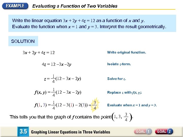 Evaluating a Function of Two Variables Write the linear equation 3 x + 2