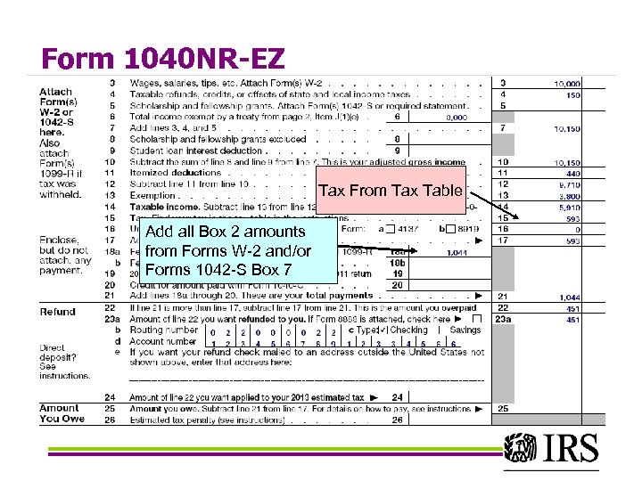 Form 1040 NR-EZ Tax From Tax Table Add all Box 2 amounts from Forms