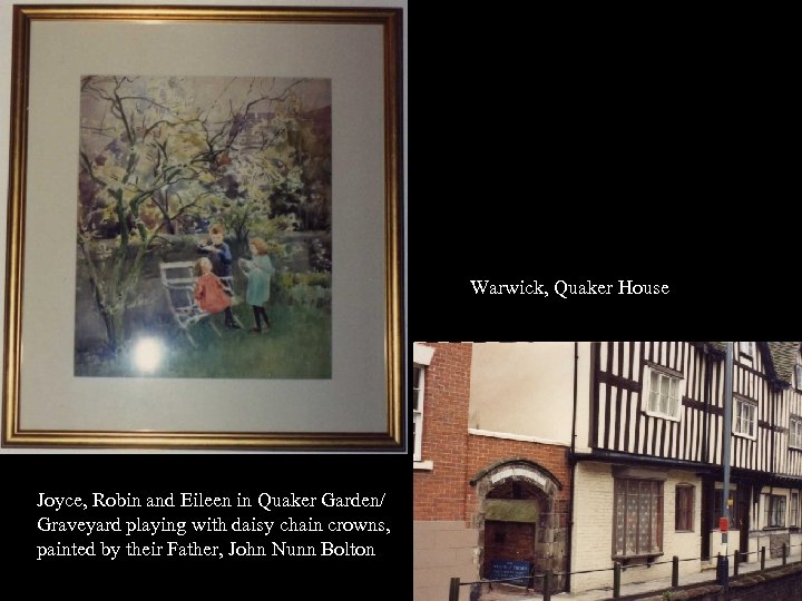 Warwick, Quaker House Joyce, Robin and Eileen in Quaker Garden/ Graveyard playing with daisy