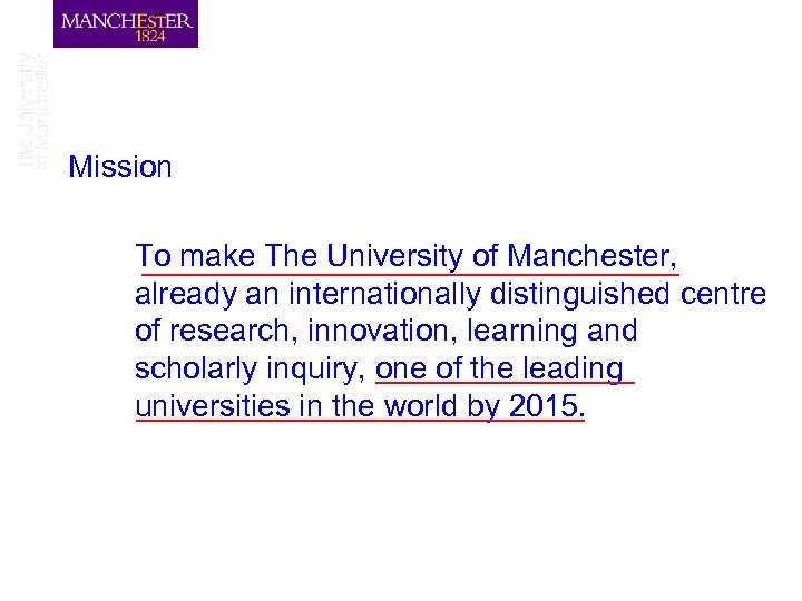 Mission To make The University of Manchester, already an internationally distinguished centre of research,