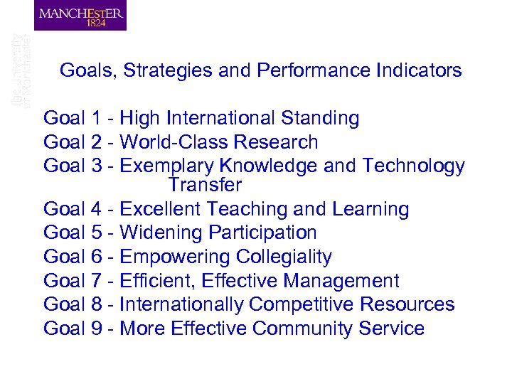Goals, Strategies and Performance Indicators Goal 1 - High International Standing Goal 2 -