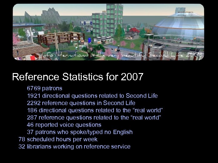 Reference Statistics for 2007 6769 patrons 1921 directional questions related to Second Life 2292