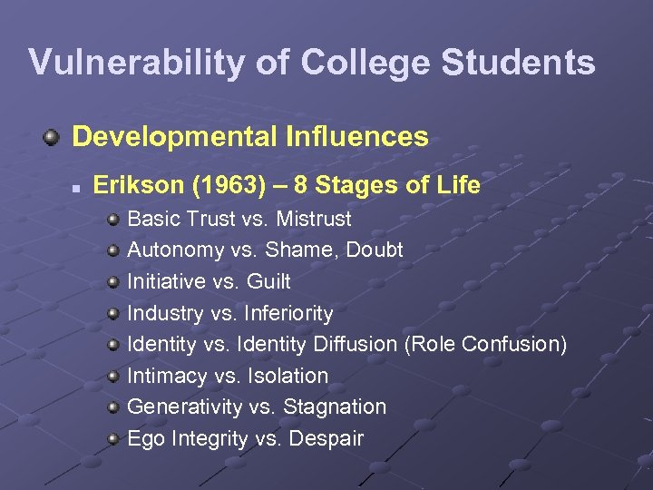 Vulnerability of College Students Developmental Influences n Erikson (1963) – 8 Stages of Life