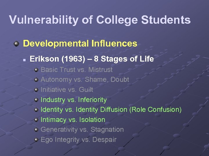 Vulnerability of College Students Developmental Influences n Erikson (1963) – 8 Stages of Life