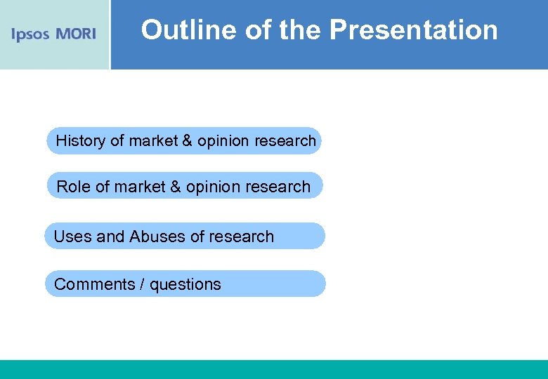 Outline of the Presentation History of market & opinion research Role of market &