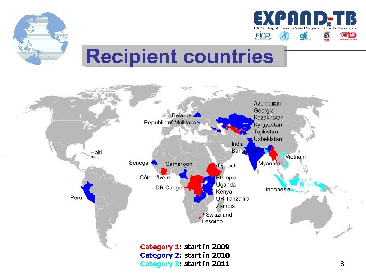 Recipient countries Category 1: start in 2009 Category 2: start in 2010 Category 3: