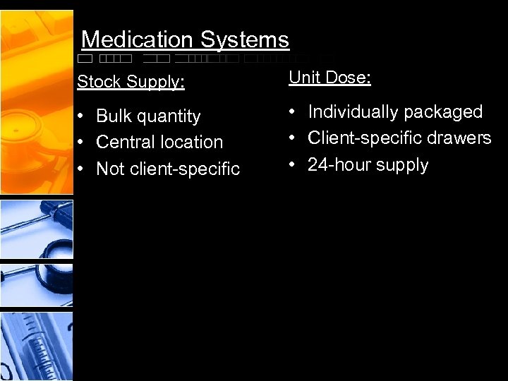 Medication Systems Stock Supply: Unit Dose: • Bulk quantity • Central location • Not