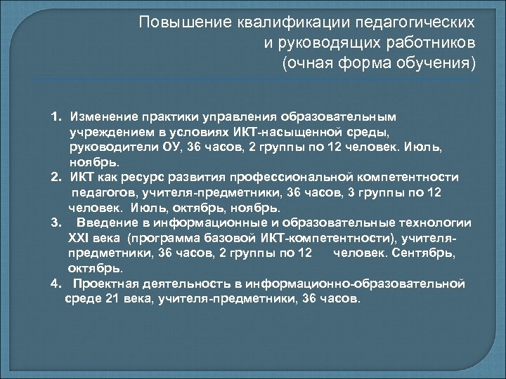 Повышение квалификации педагогических и руководящих работников (очная форма обучения) 1. Изменение практики управления образовательным