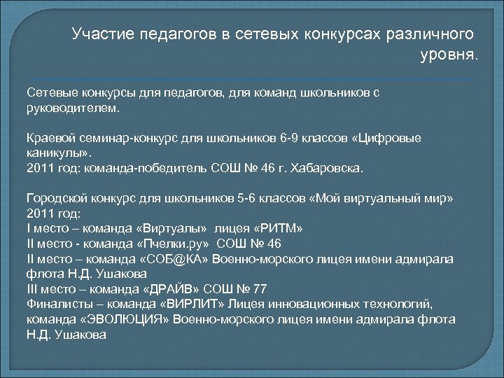 Участие педагогов в сетевых конкурсах различного уровня. Сетевые конкурсы для педагогов, для команд школьников