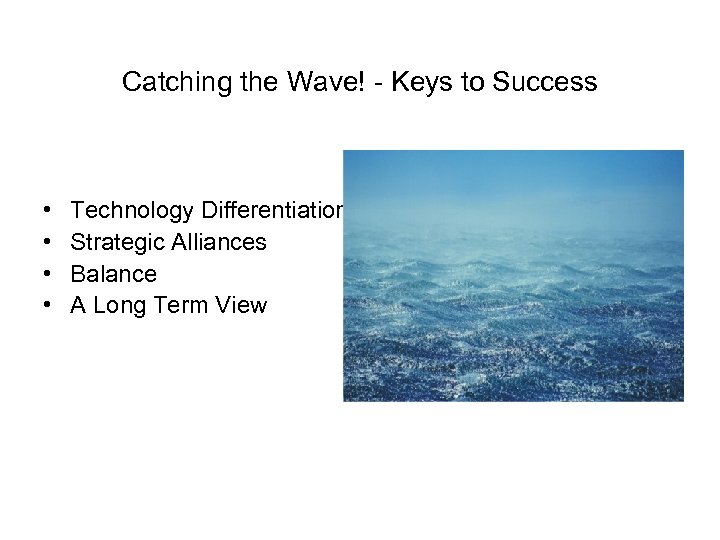 Catching the Wave! - Keys to Success • • Technology Differentiation Strategic Alliances Balance