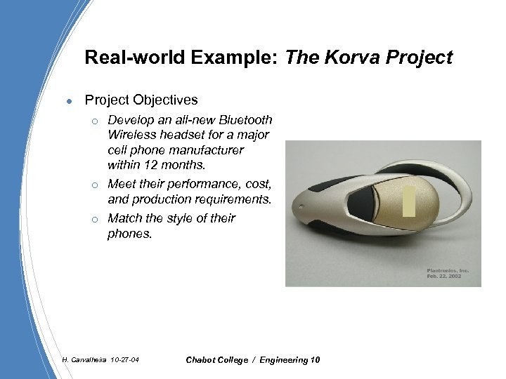 Real-world Example: The Korva Project l Project Objectives ¡ ¡ ¡ Develop an all-new