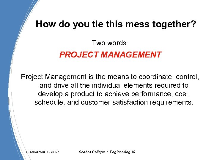 How do you tie this mess together? Two words: PROJECT MANAGEMENT Project Management is