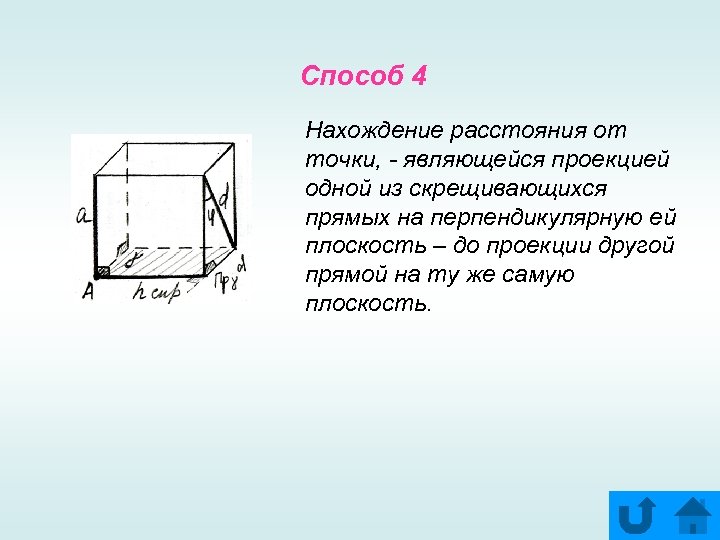 Способ 4 Нахождение расстояния от точки, - являющейся проекцией одной из скрещивающихся прямых на