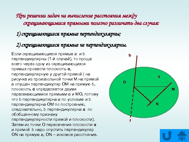 При решении задач на вычисление расстояния между скрещивающимися прямыми полезно различать два случая: 1)