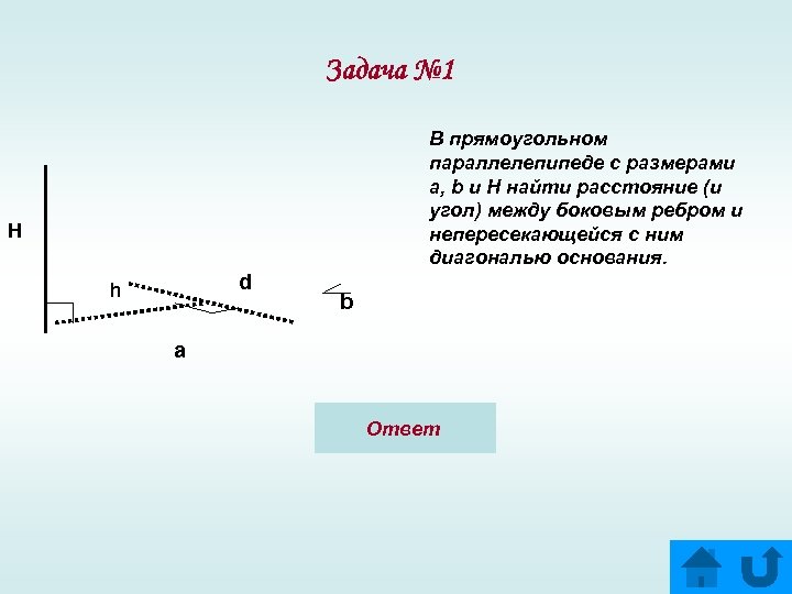 Задача № 1 В прямоугольном параллелепипеде с размерами a, b и H найти расстояние