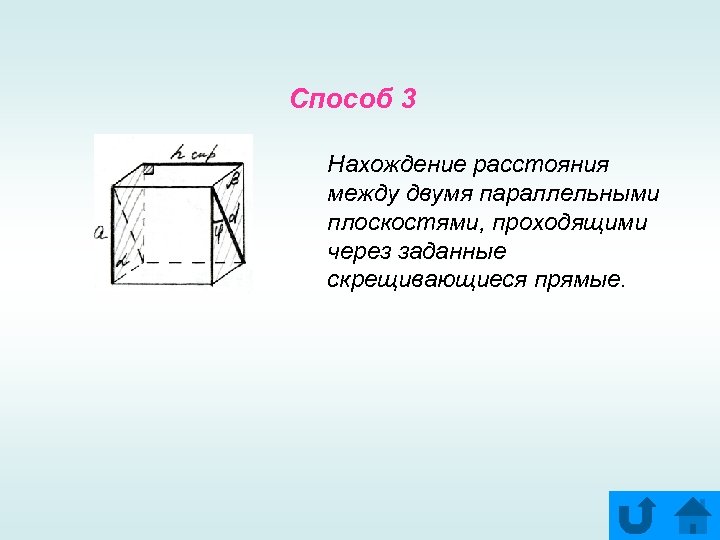 Способ 3 Нахождение расстояния между двумя параллельными плоскостями, проходящими через заданные скрещивающиеся прямые. 